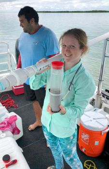 Marine chemist Mary Zeller taking samples in the study area of the seagrass study in Florida Bay together with her colleague and co-author Chris Lopes
